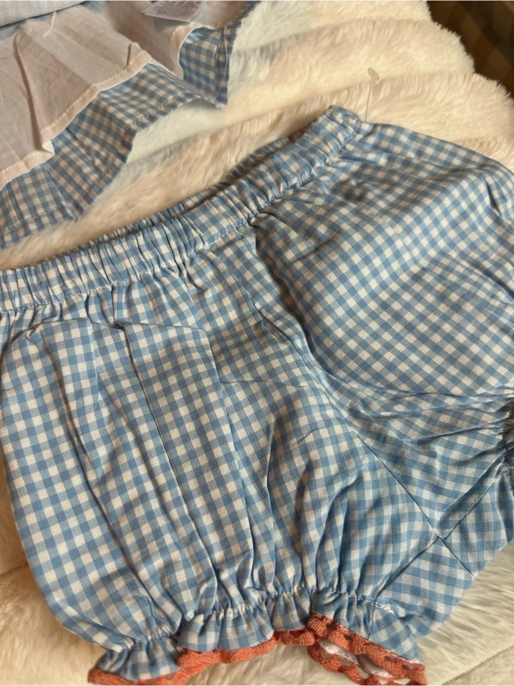 Joie Blue Gingham Girls Matching Set with Coral Embroidery